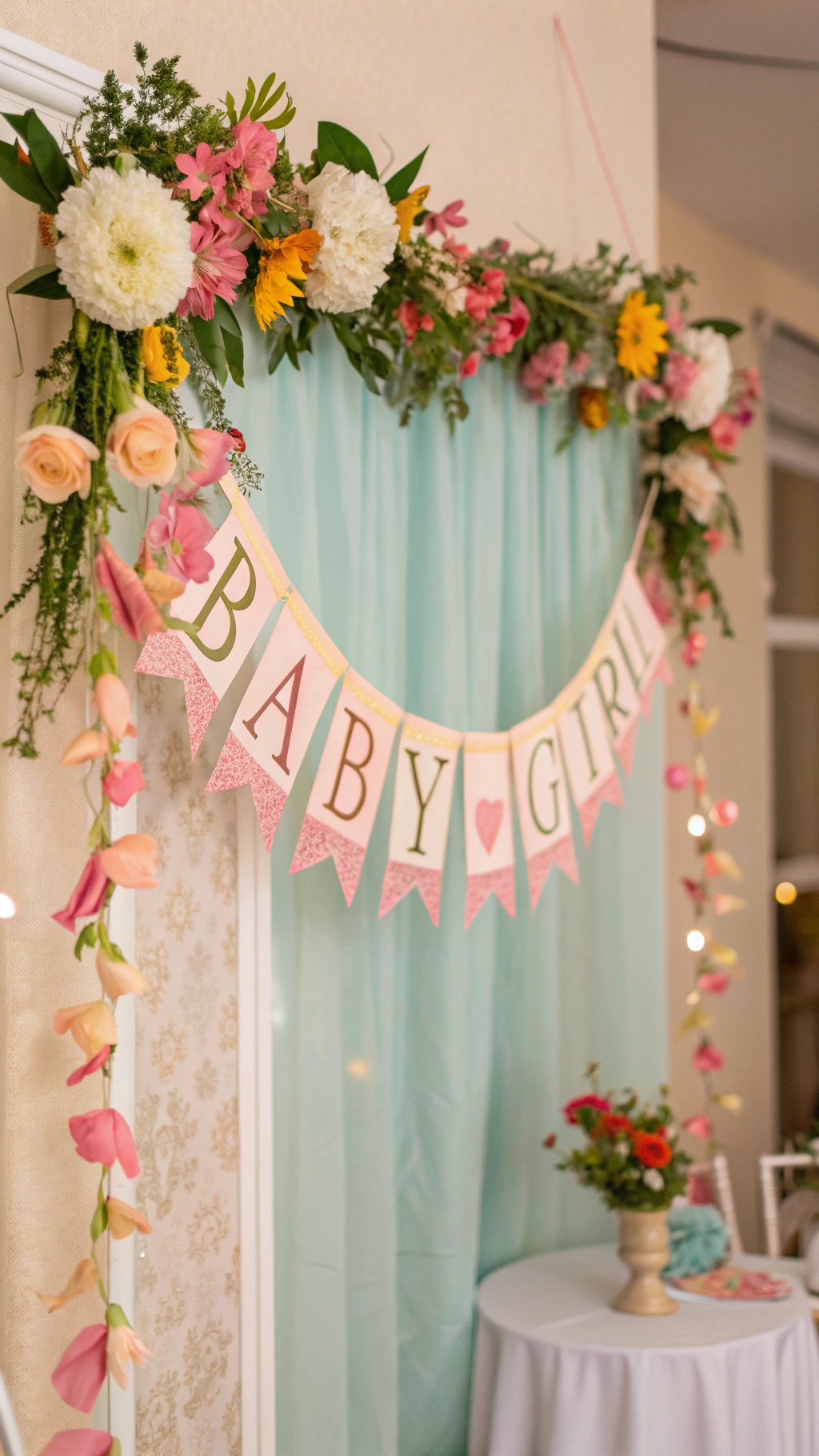 A decorative banner that reads 'Baby Girl' adorned with colorful spring flowers.