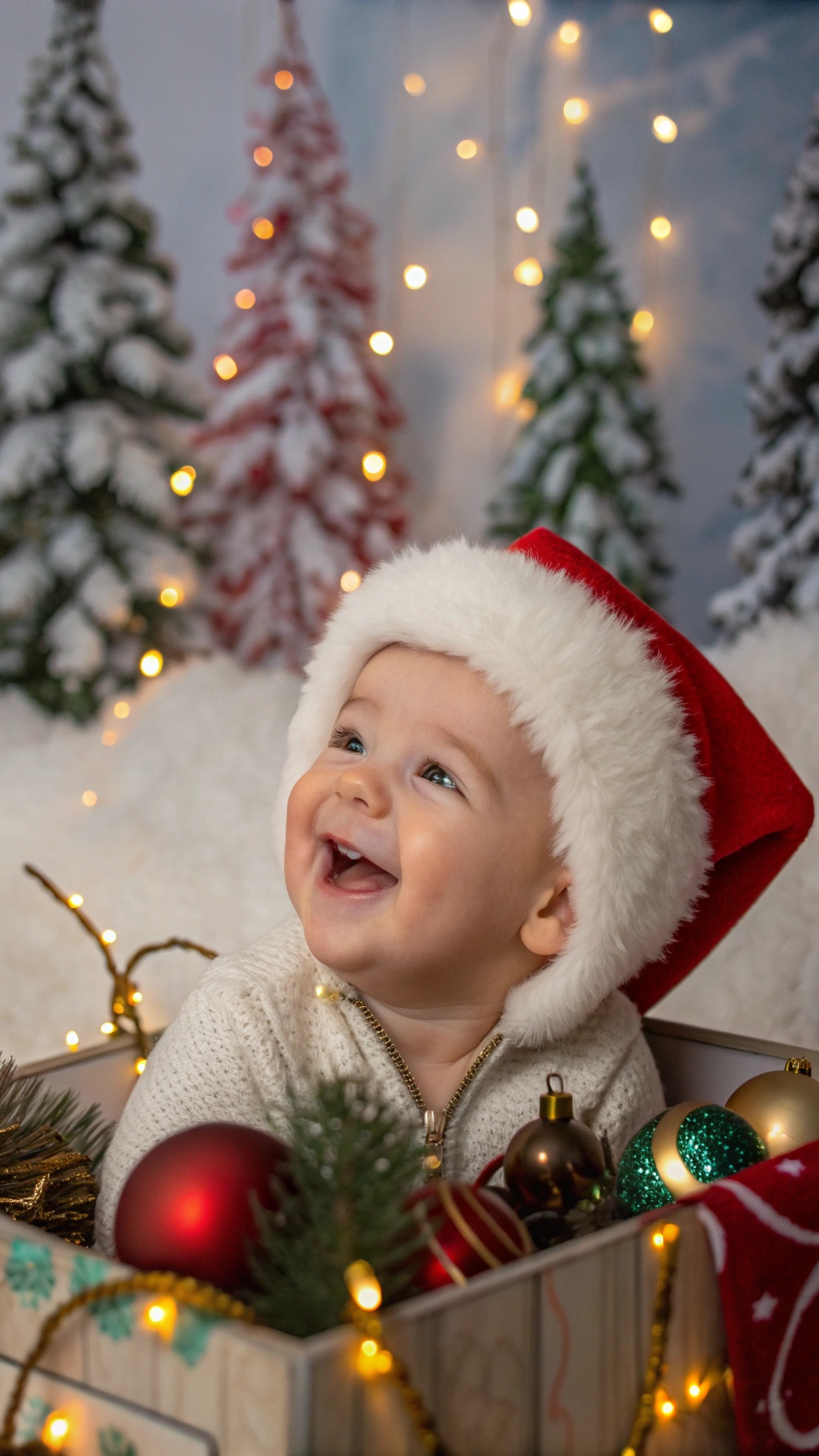 A baby wearing a Santa hat, smiling joyfully in a festive setting with Christmas decorations.