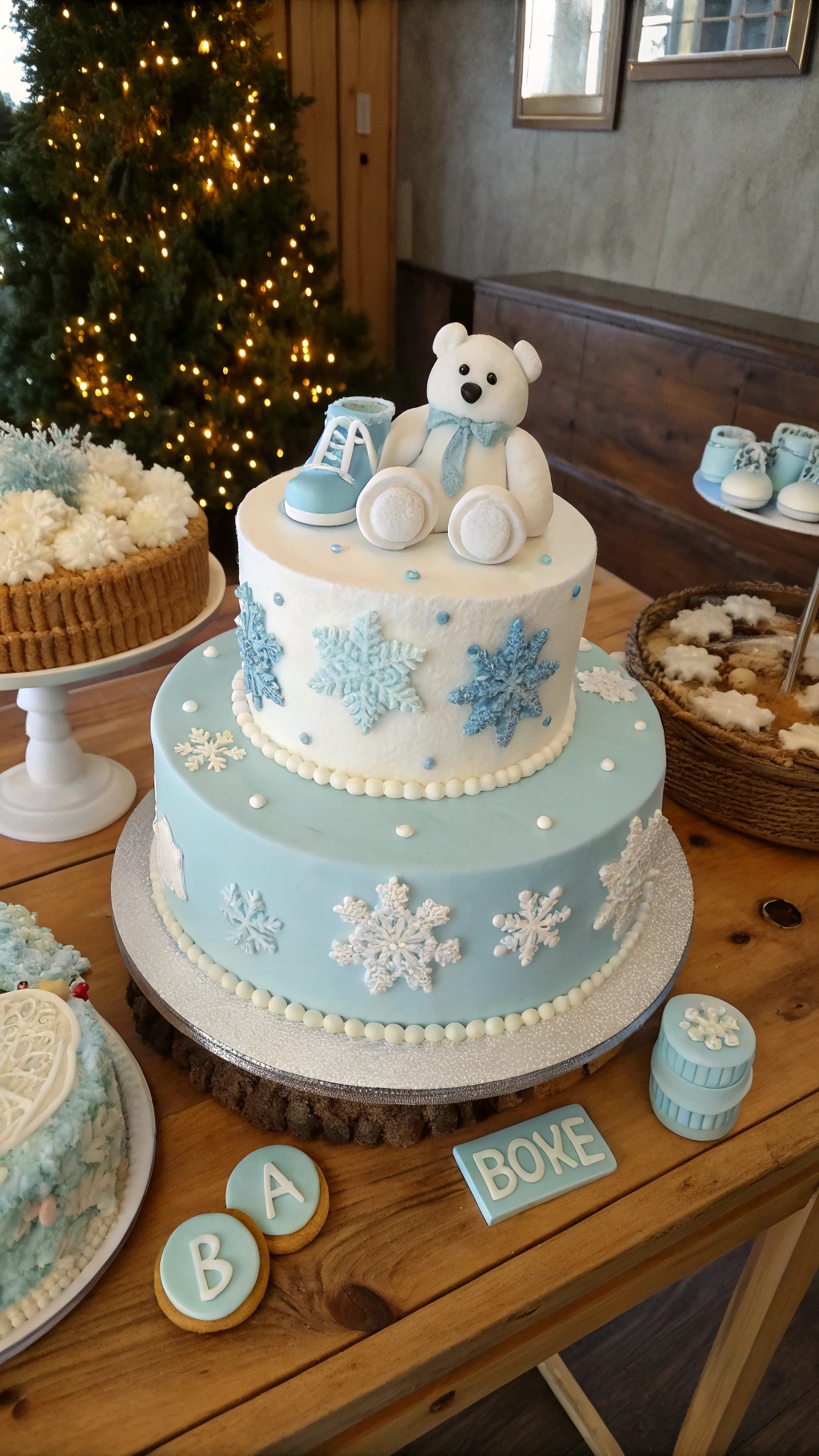 A beautifully decorated winter-themed baby shower cake with snowflakes and a bear.