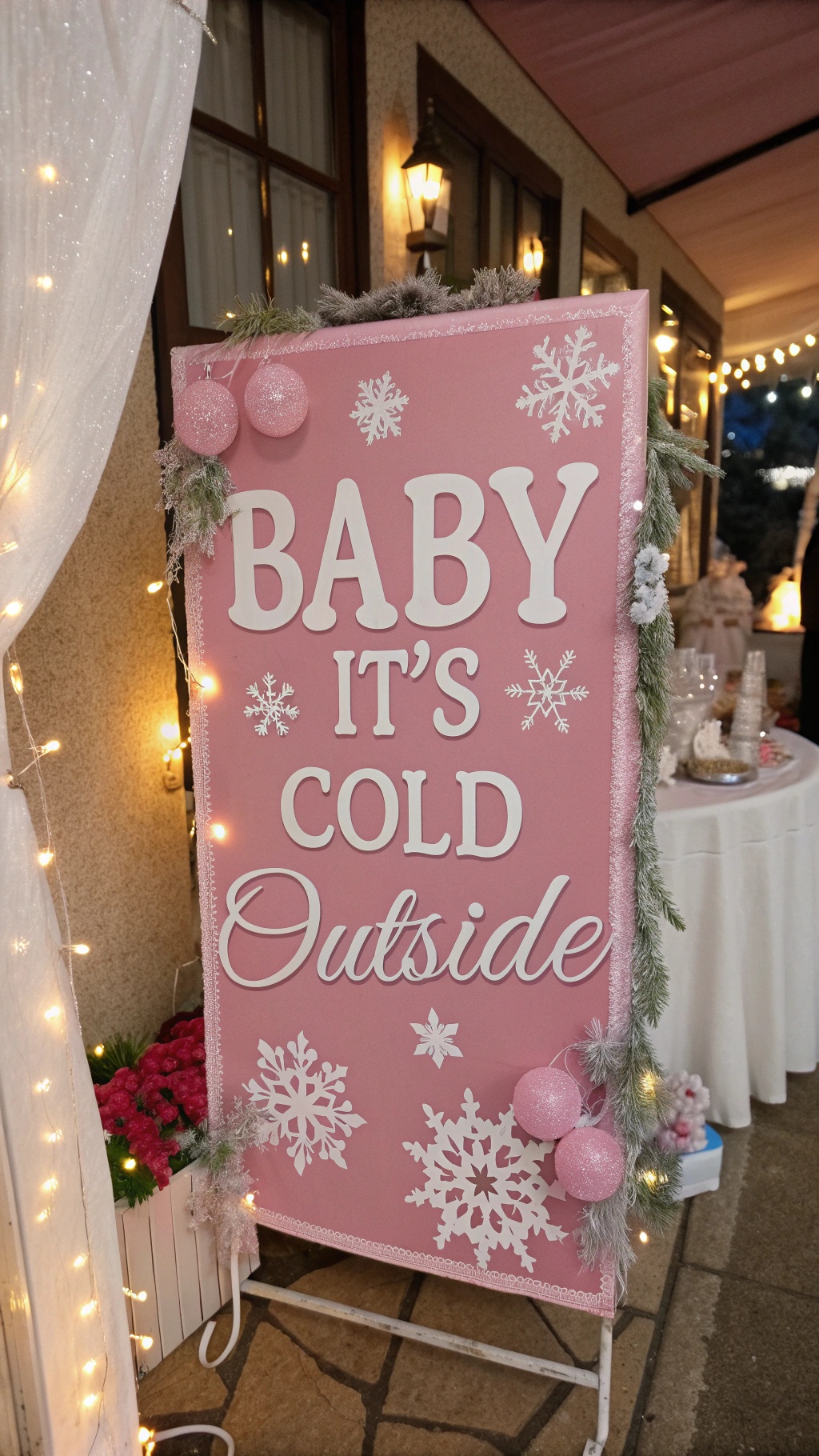 Pink sign that reads 'Baby It's Cold Outside' with snowflake decorations.