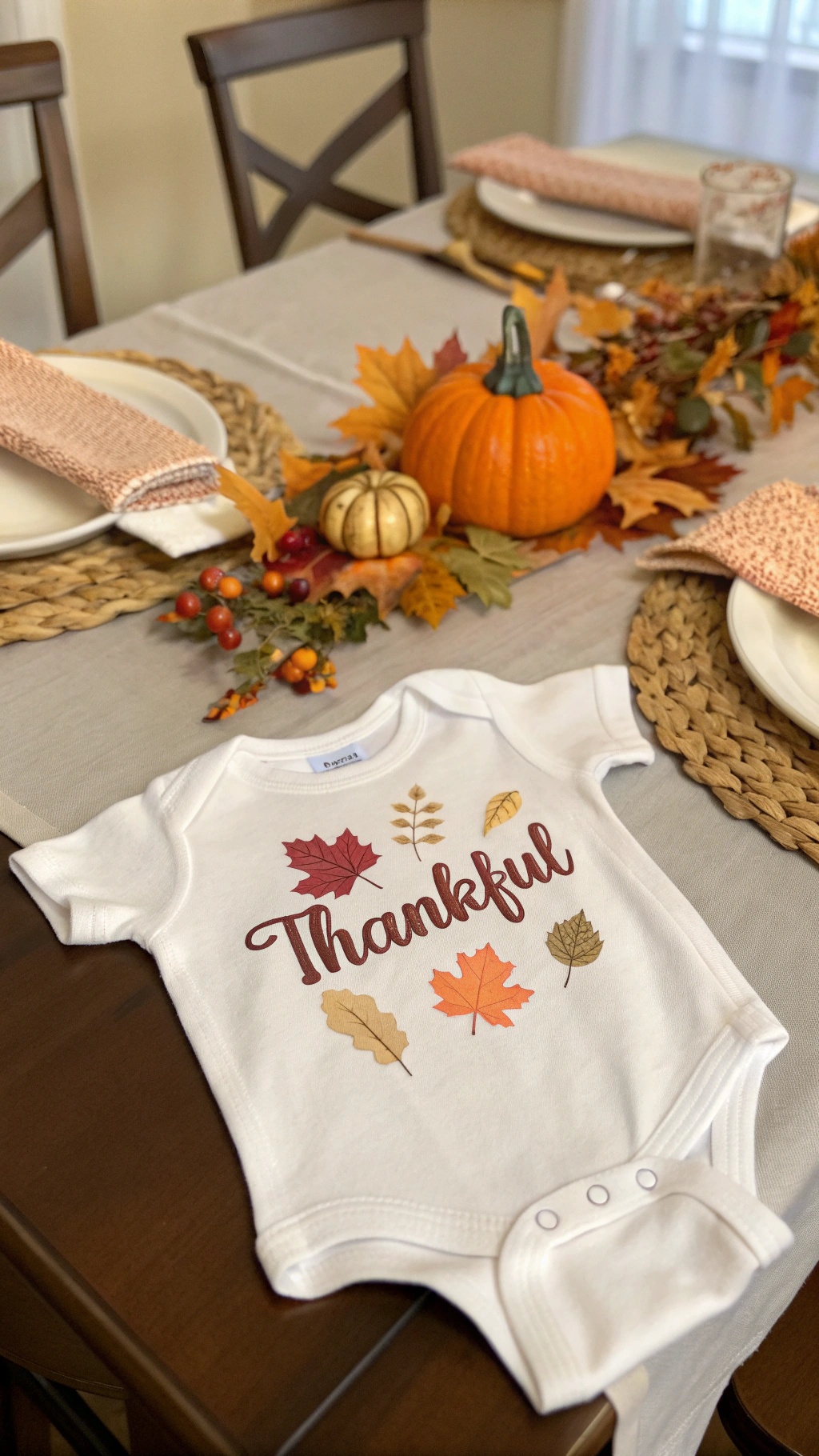 A white baby onesie with 'Thankful' text and colorful leaf designs, placed on a Thanksgiving dinner table decorated with a pumpkin and autumn leaves.