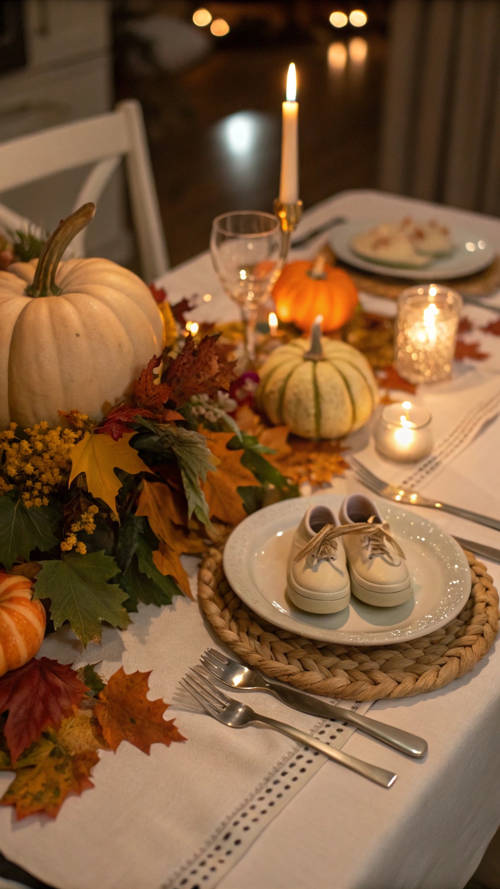 A Thanksgiving table decorated with pumpkins, leaves, and baby shoes.