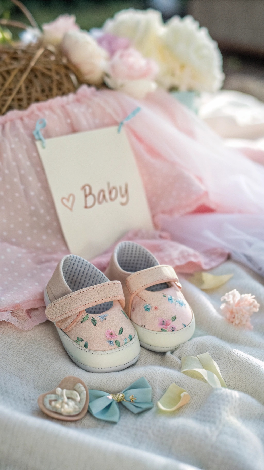 A pair of baby shoes with a card that says 'Baby' on a soft blanket surrounded by flowers and decorative items.