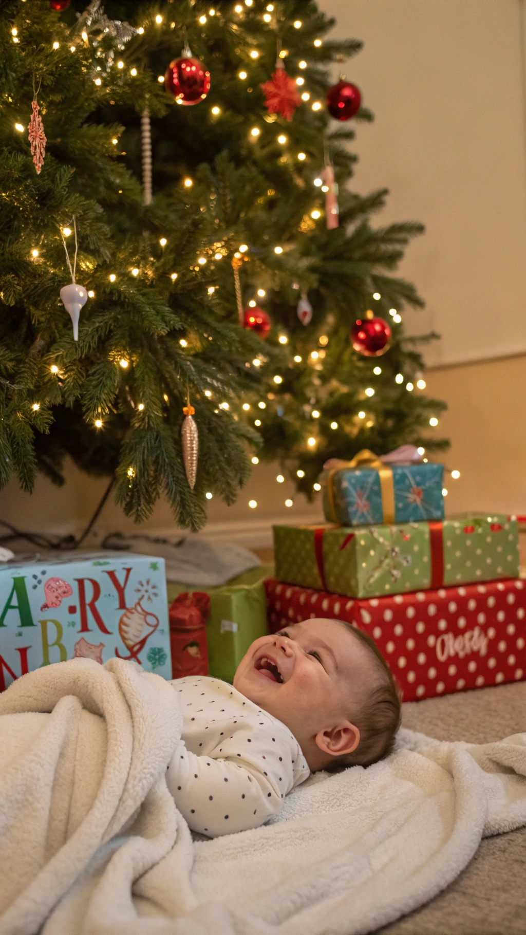 A baby laughing under a Christmas tree with presents.