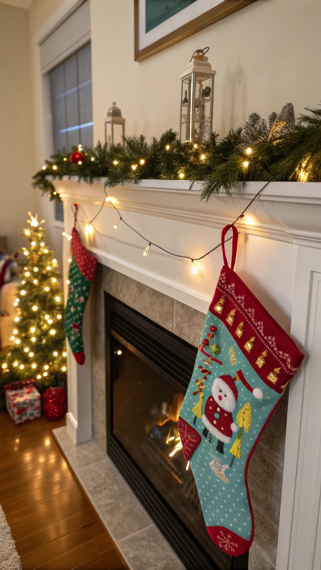 A cozy fireplace decorated with stockings and Christmas lights.