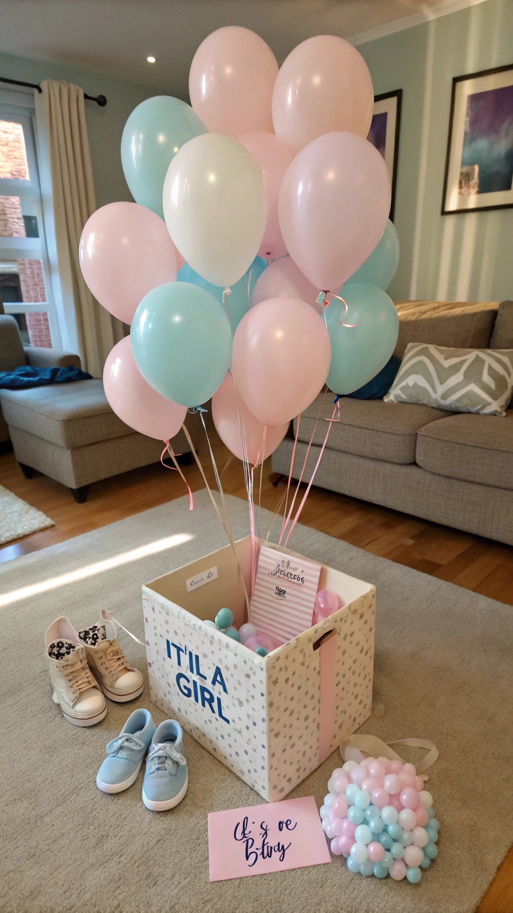 A decorated box with balloons, baby shoes, and a card announcing a baby girl.