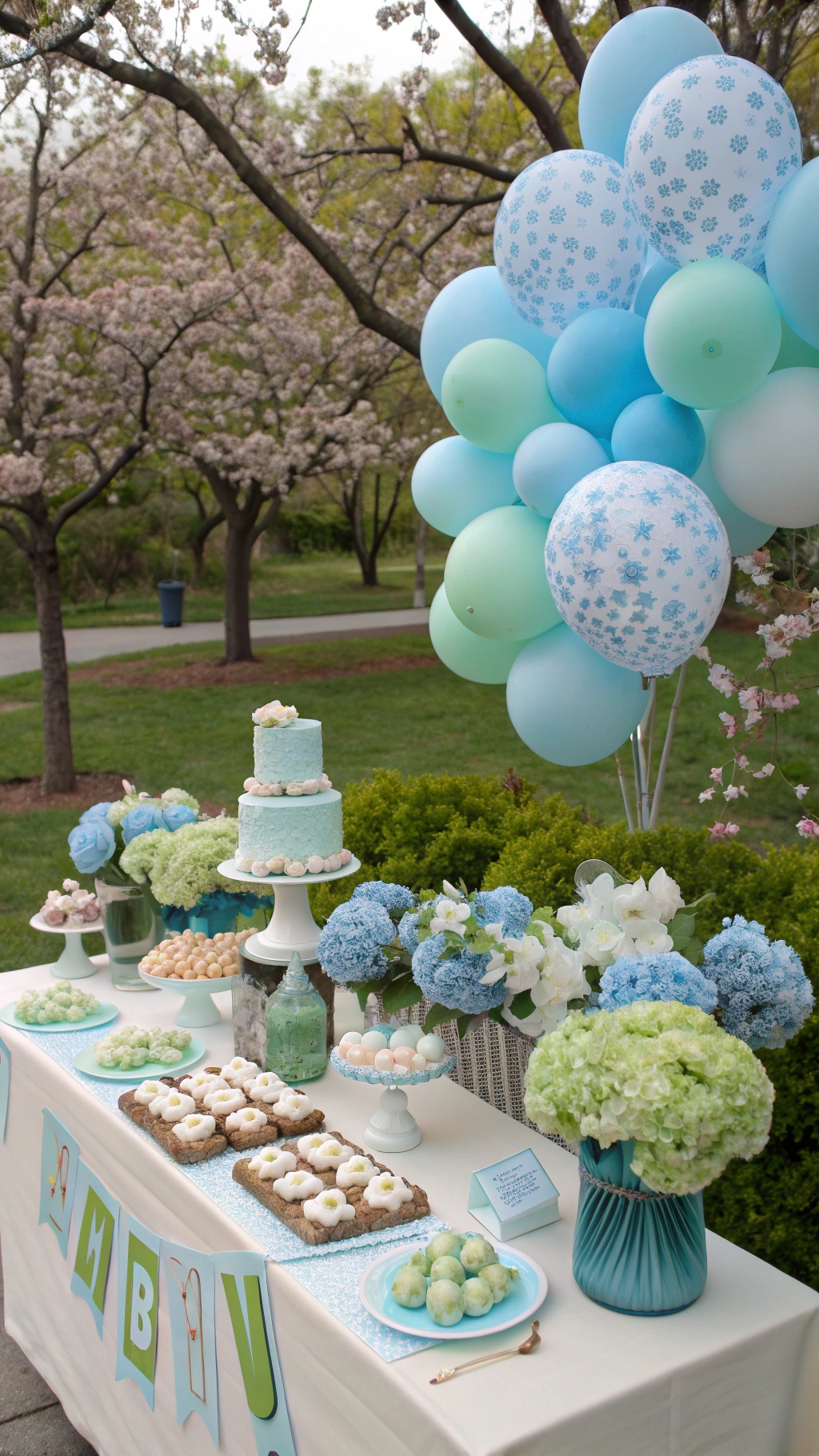 A beautifully arranged outdoor baby shower table with blue and green decorations, including balloons and floral arrangements.