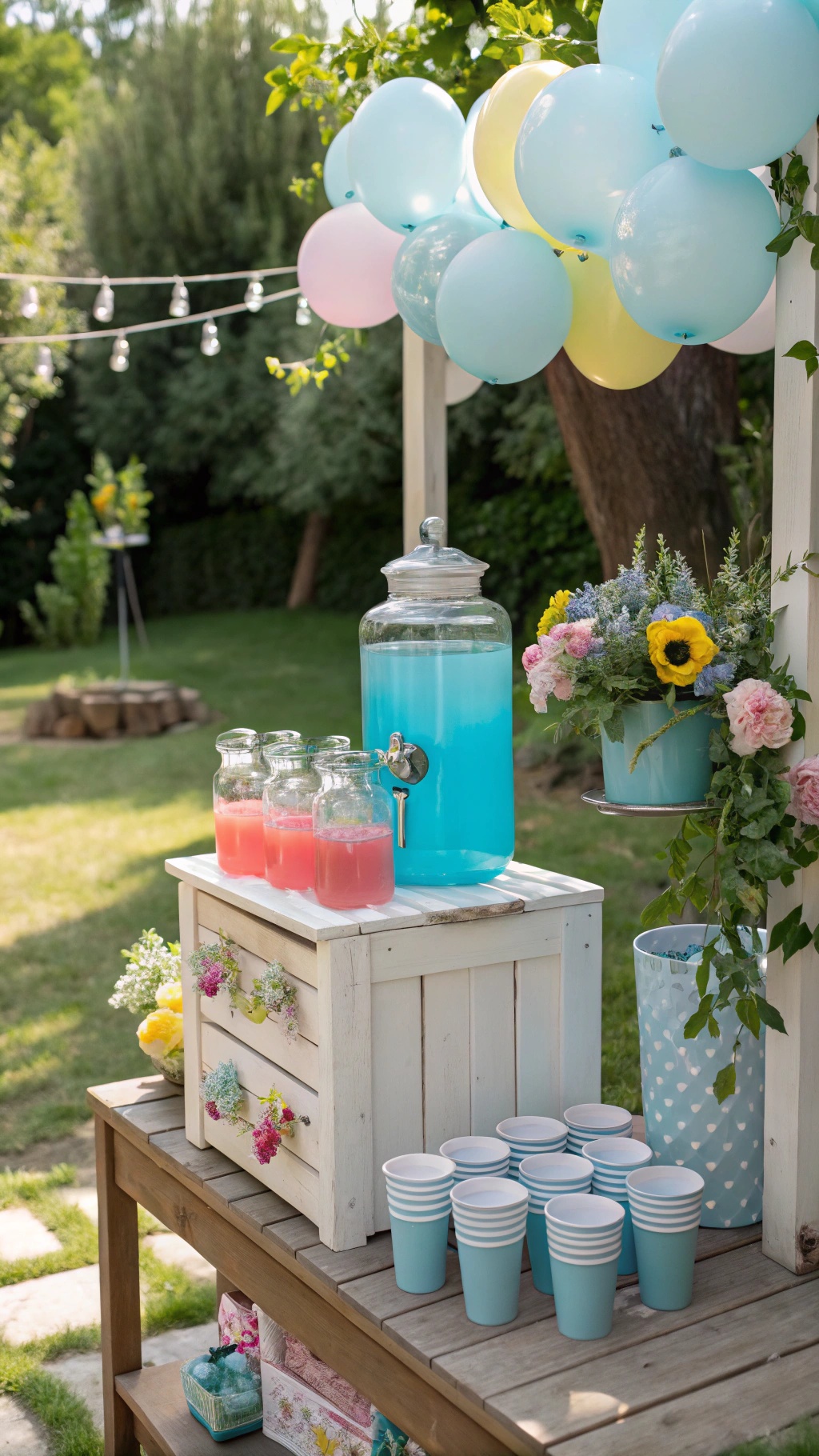 A blue lemonade drink station with a dispenser and colorful cups, surrounded by flowers.