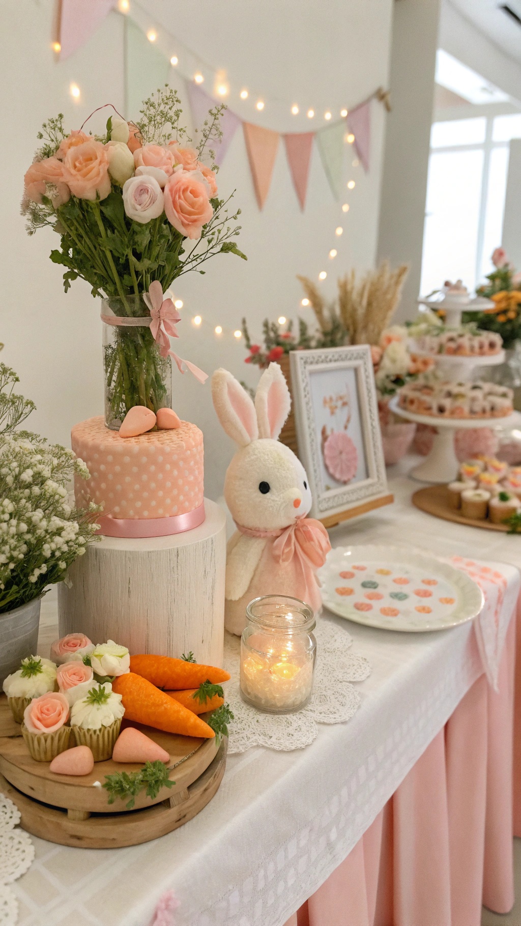 A beautifully decorated table for a baby shower featuring bunny and carrot accents, flowers, and sweet treats.