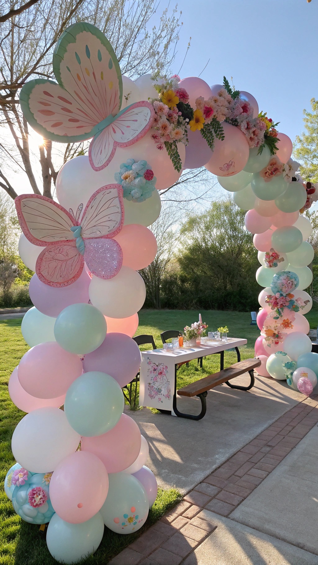A beautiful butterfly balloon arch with pastel colors and flowers, perfect for a spring baby shower.