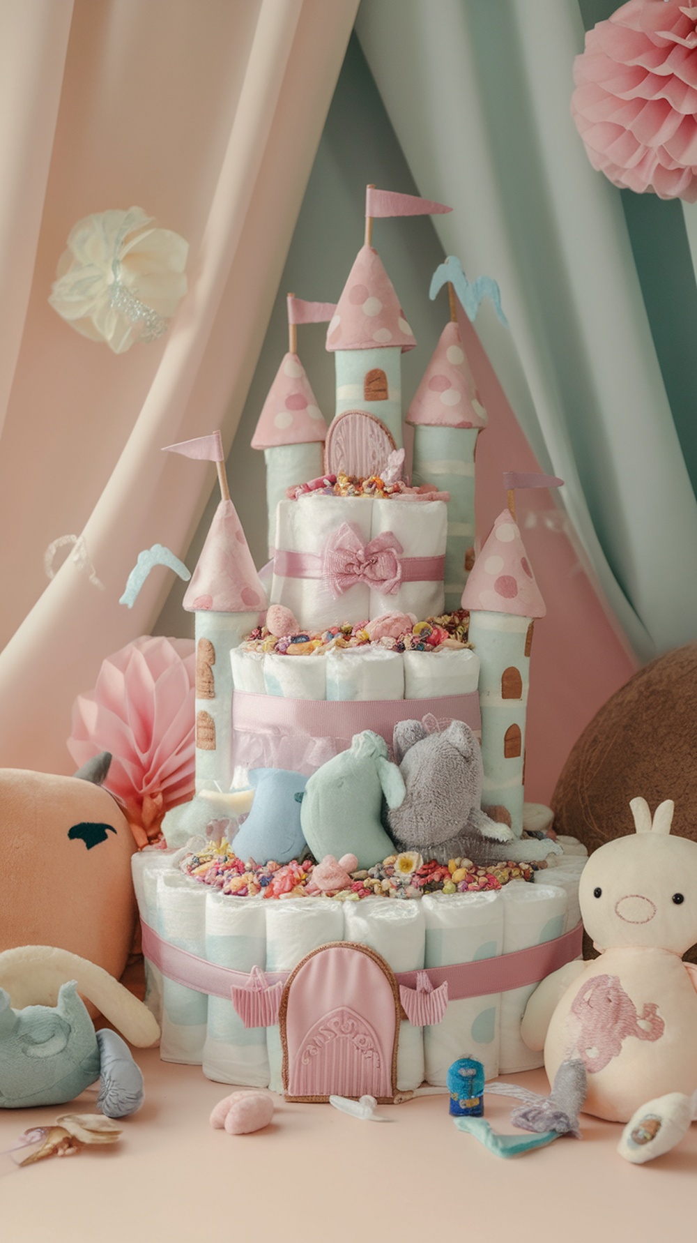 A whimsical castle diaper cake with colorful towers and plush toys surrounding it.