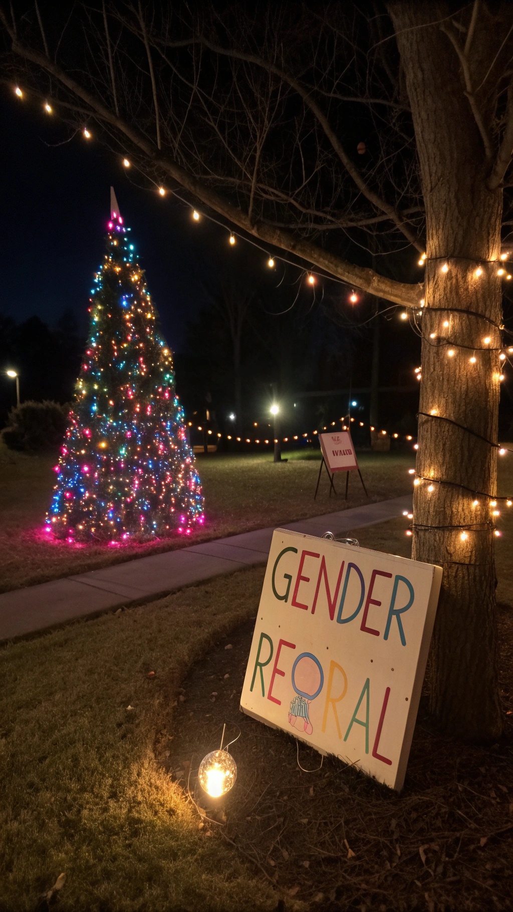 A beautifully lit Christmas tree with a sign that reads 'GENDER REVEAL'.