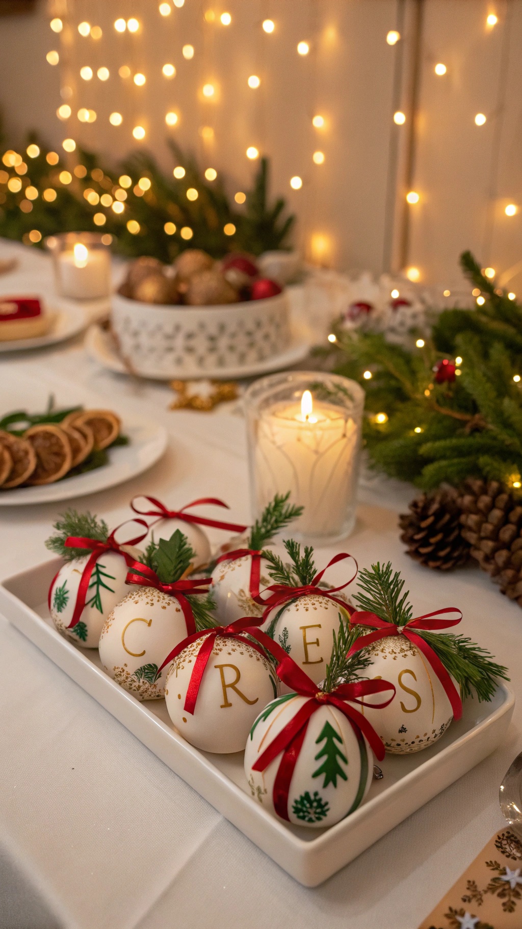 A tray of beautifully decorated Christmas ornaments with red ribbons and festive designs.