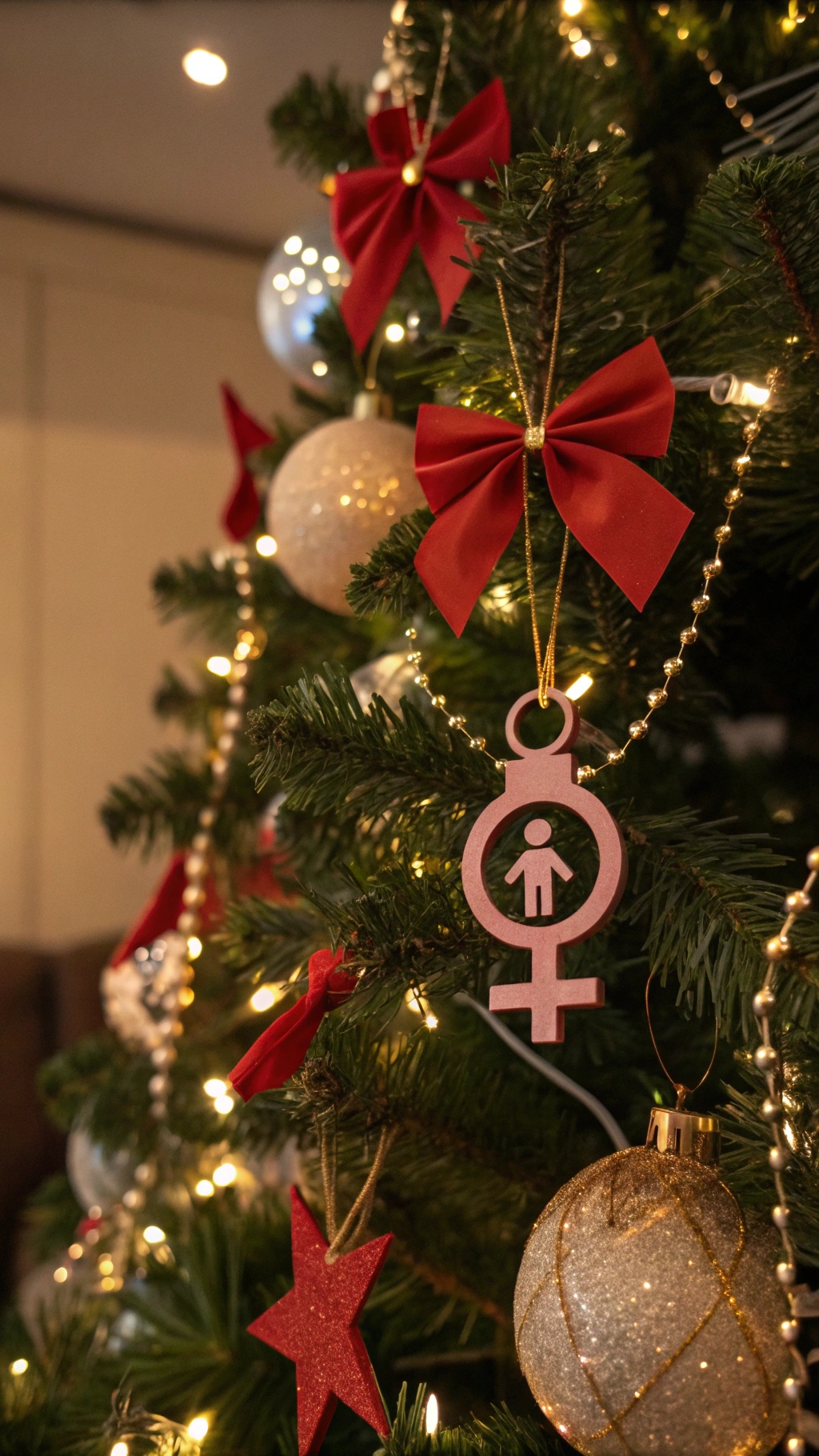 A close-up of a Christmas tree with ornaments, including a gender reveal ornament.