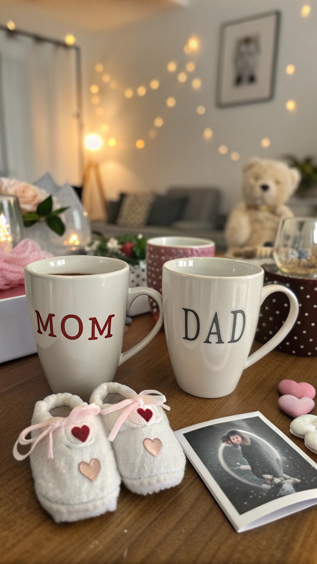 Coffee cups labeled 'Mom' and 'Dad' with baby shoes and a photo.