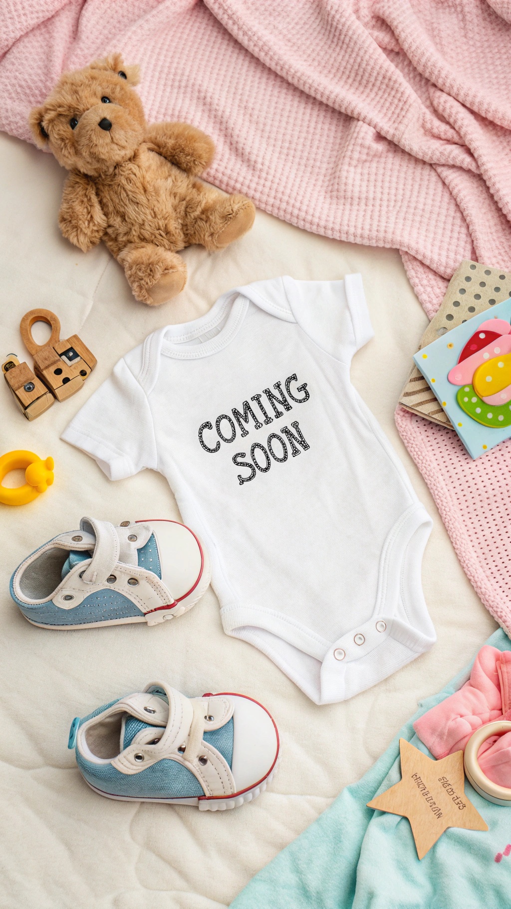 Flat lay of a 'Coming Soon' onesie with baby shoes and a teddy bear.