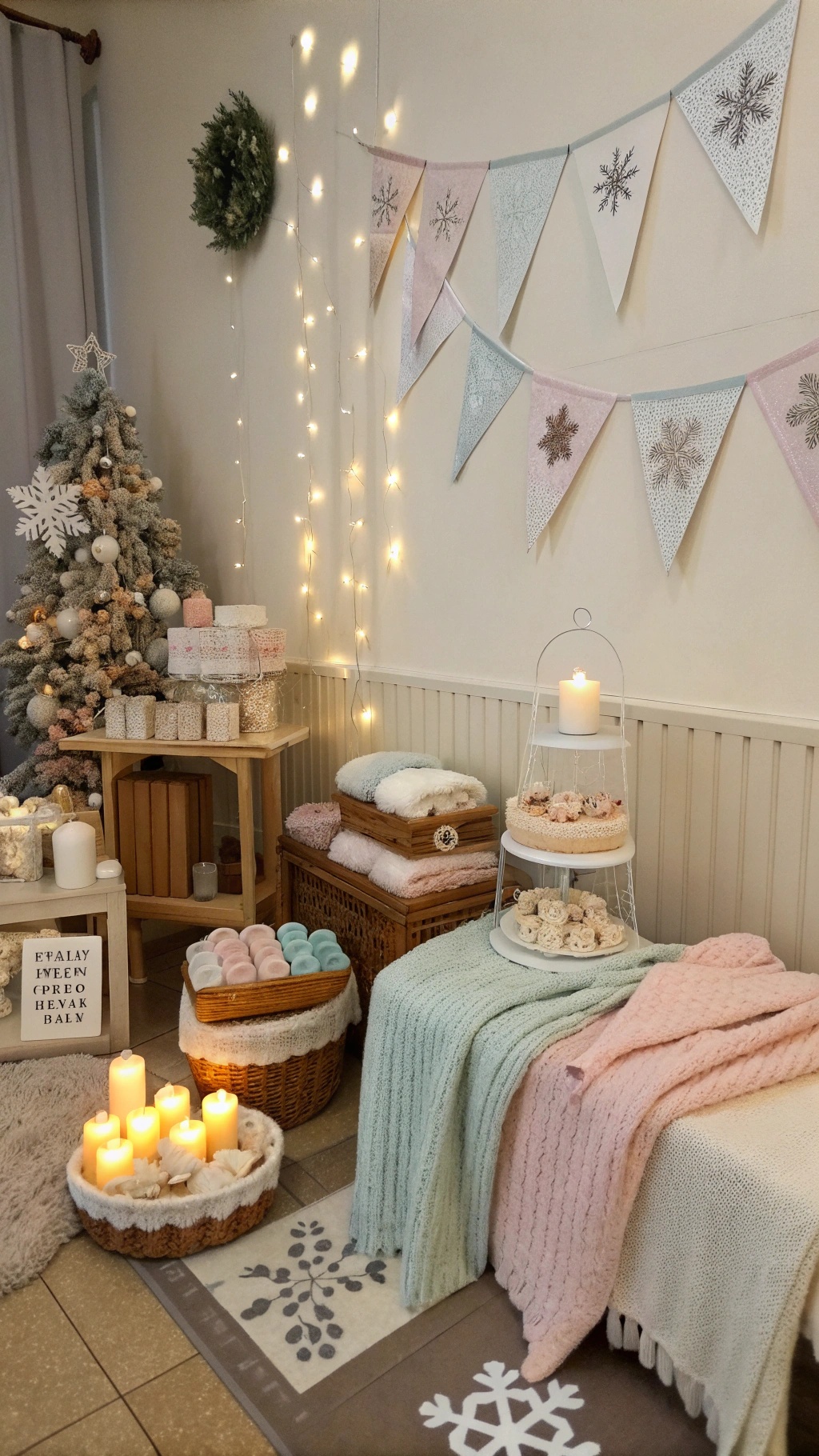 A cozy winter baby shower setup with pastel colors, soft blankets, and festive decorations.