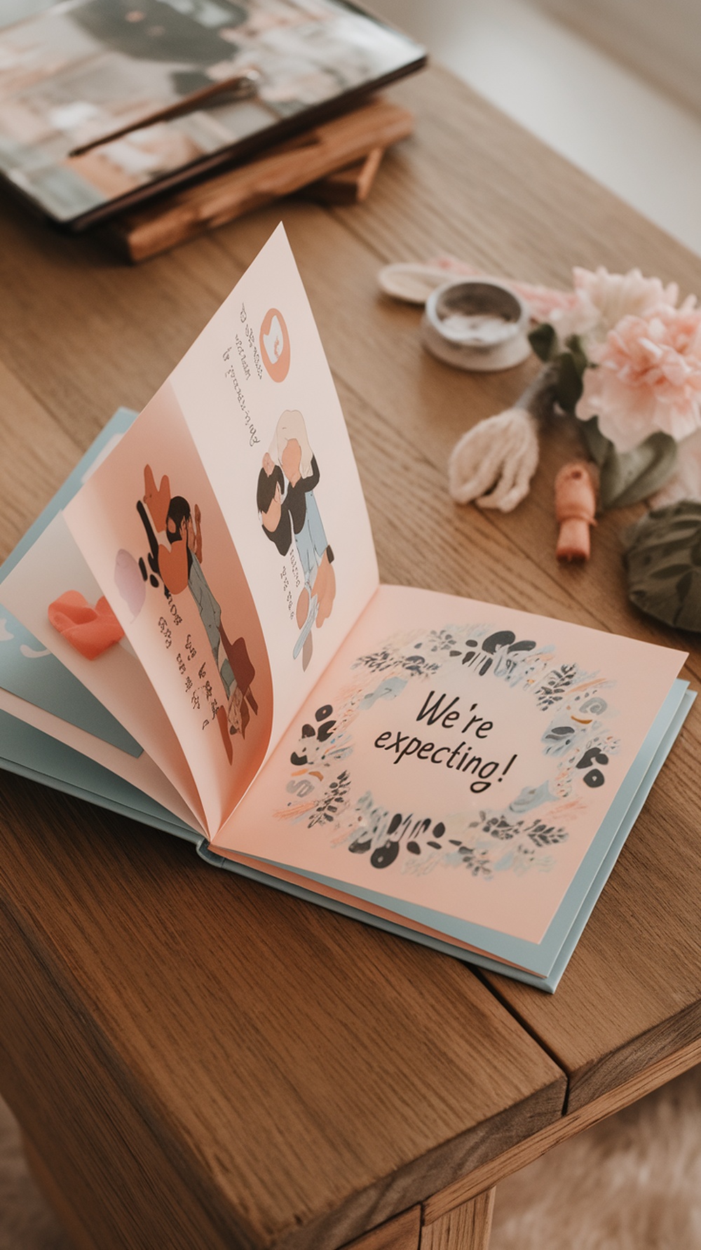 A mini storybook opened to reveal the text 'We're expecting!' surrounded by illustrations.