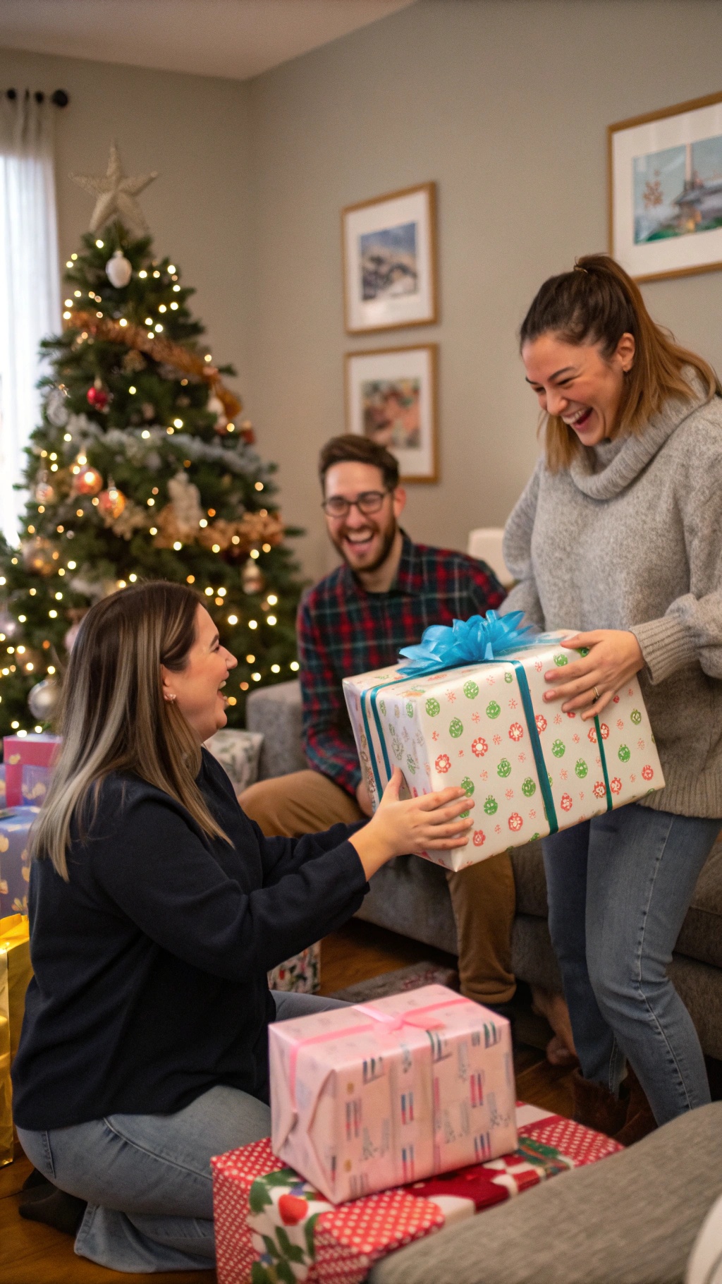 A cheerful group of friends exchanging gifts in a cozy living room decorated for Christmas.