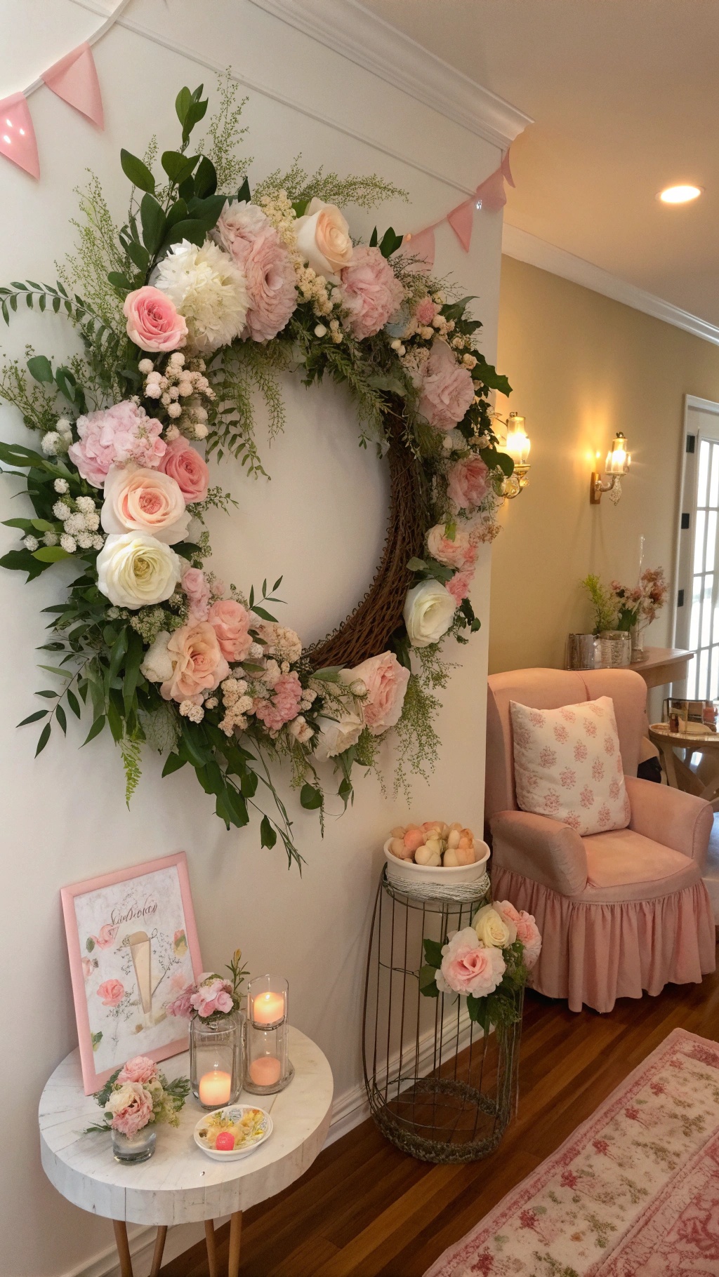A floral wreath photo wall decorated with soft pink and white flowers, creating a charming backdrop.