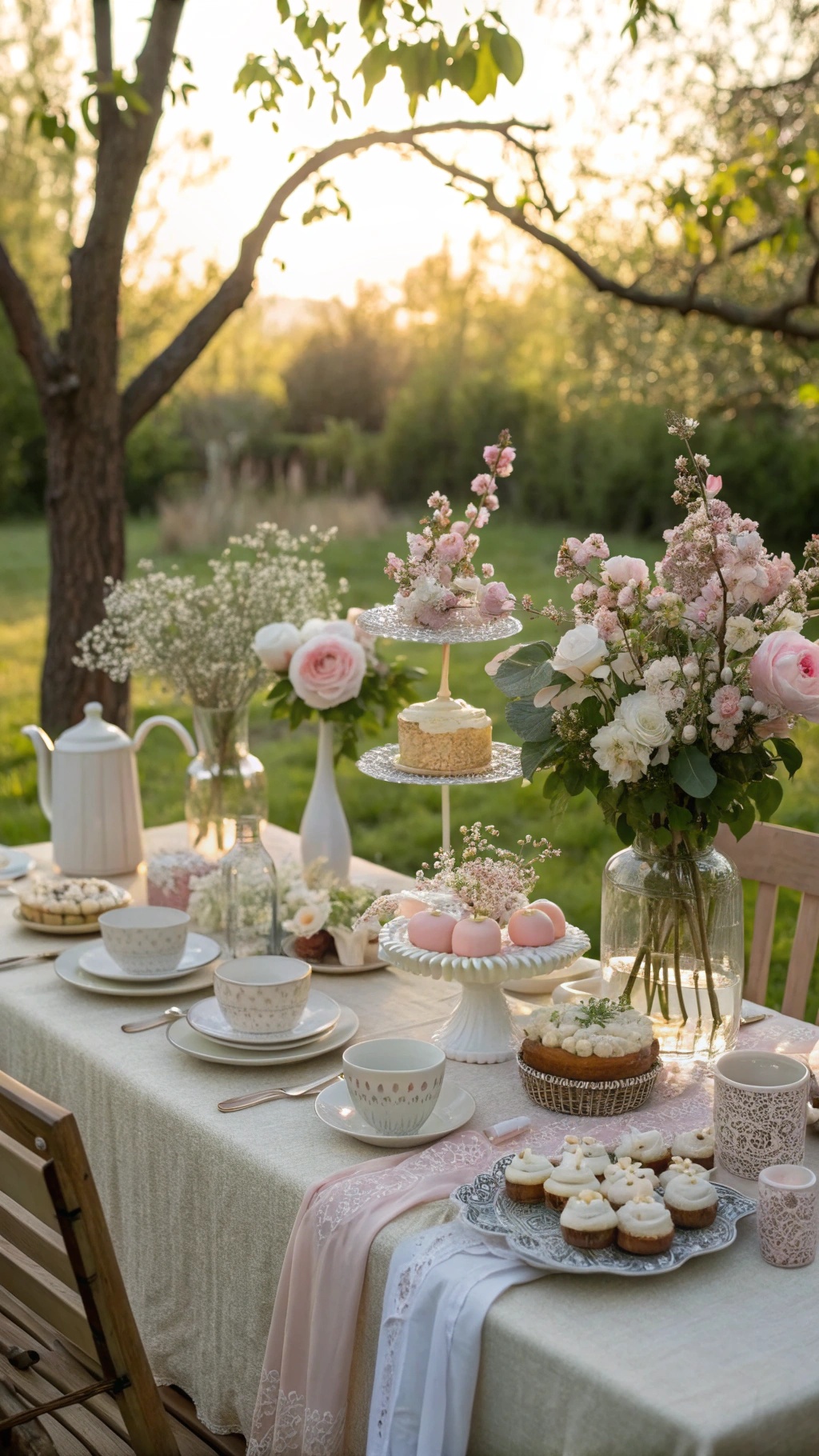 A beautifully arranged outdoor table for a garden tea party, featuring flowers, pastries, and tea sets.