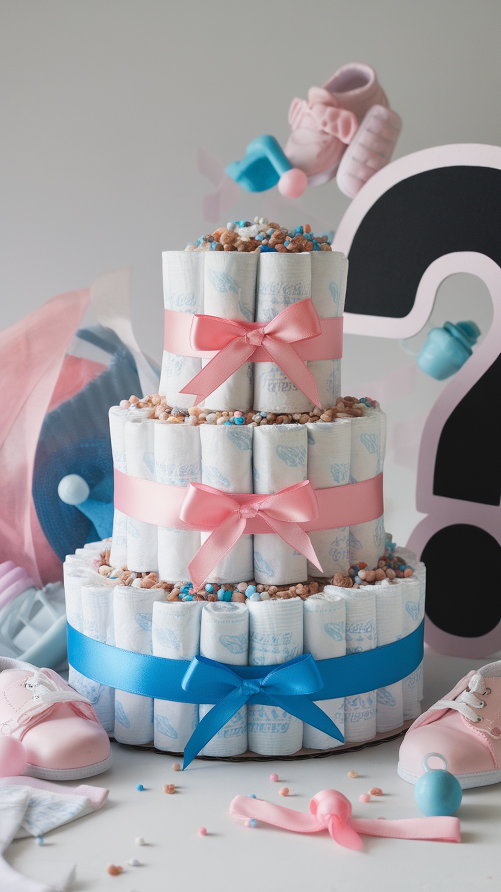 A gender reveal diaper cake decorated with pink and blue ribbons, surrounded by baby items.