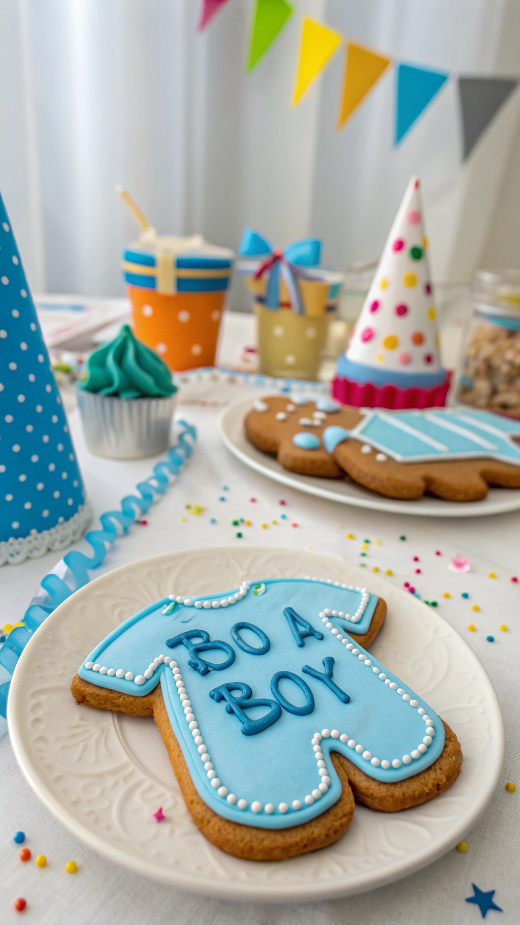 Gingerbread cookie shaped like a baby onesie with blue icing saying 'BOY'.