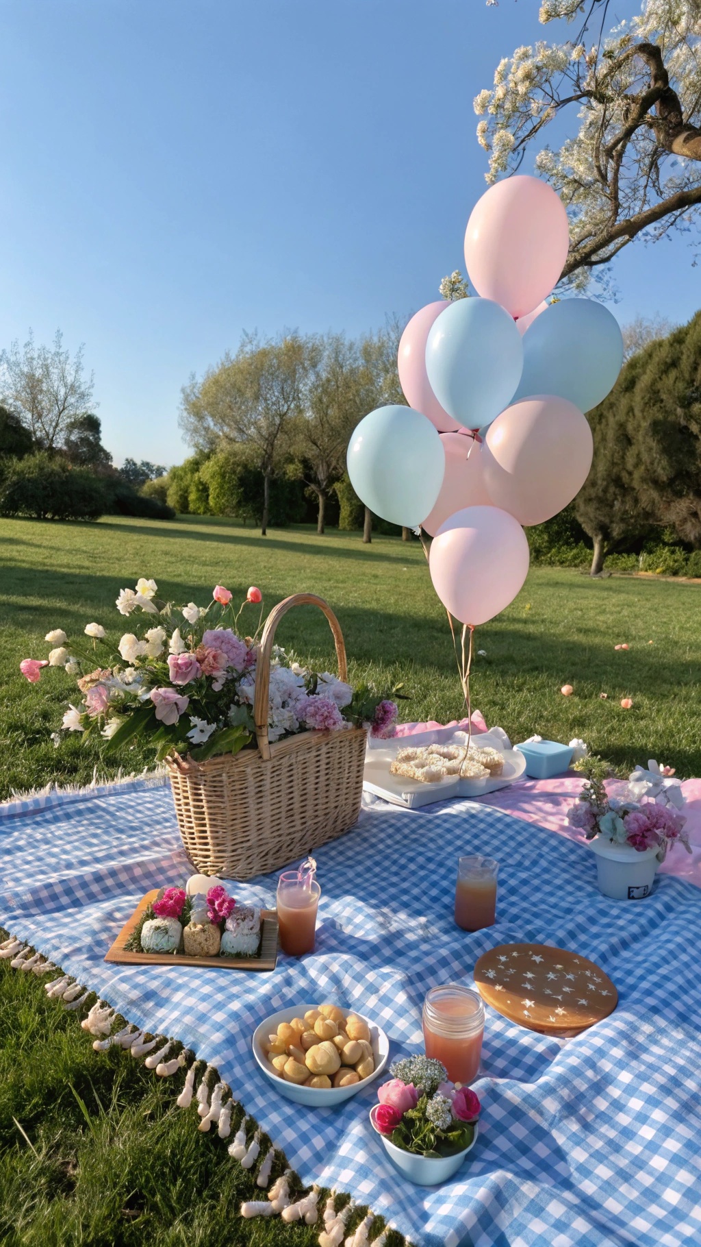A gingham picnic setup with a blue and white checkered blanket, food, drinks, flowers, and balloons.