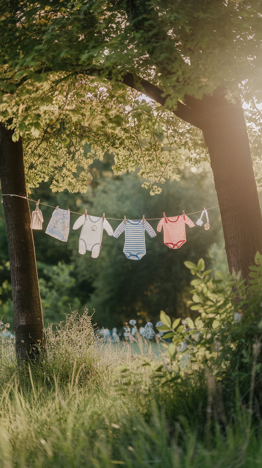 A clothes line with baby clothes hanging under trees in a sunny setting.