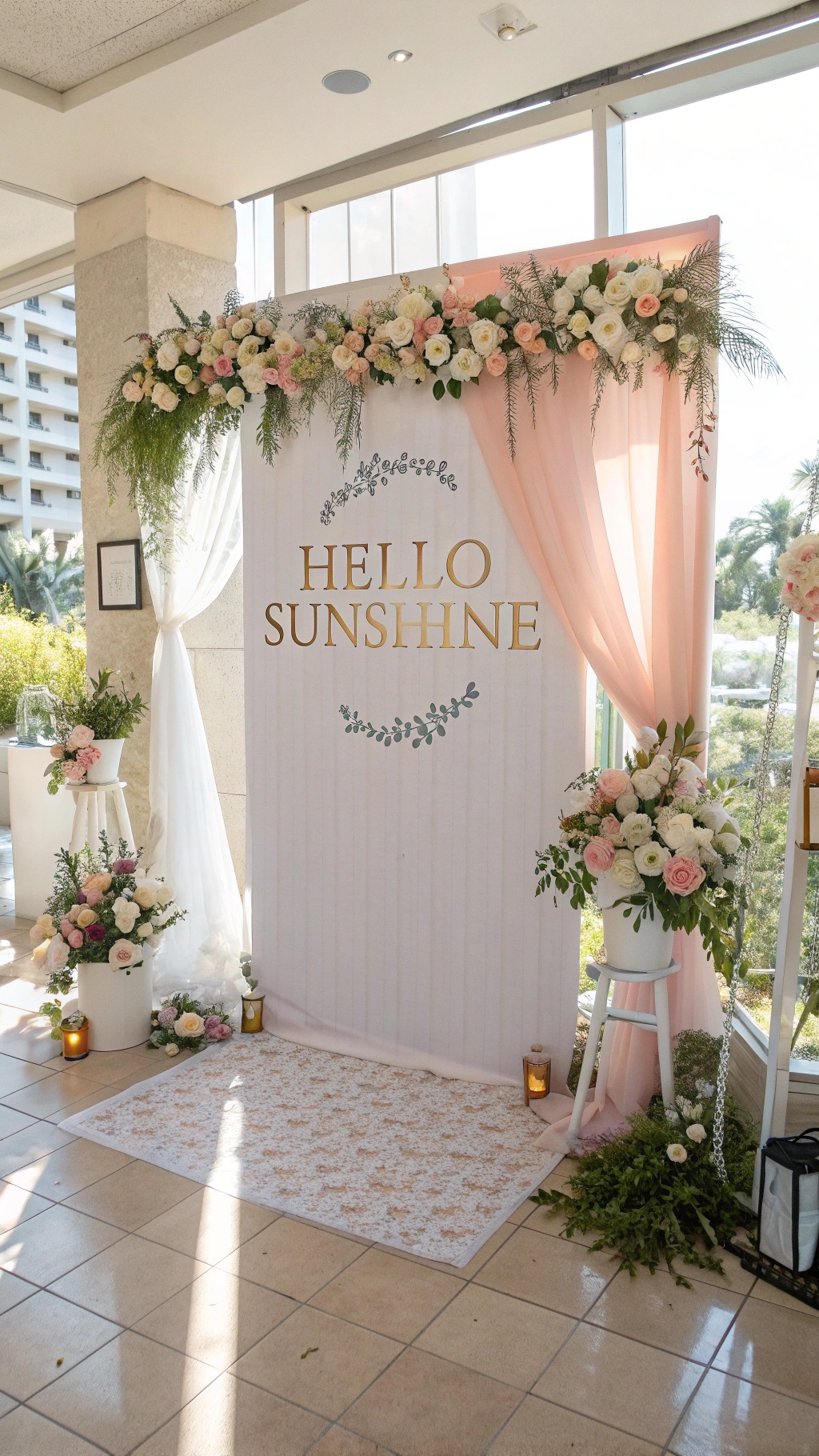 A backdrop with the words 'Hello Sunshine' surrounded by flowers and drapes, perfect for a spring baby shower.