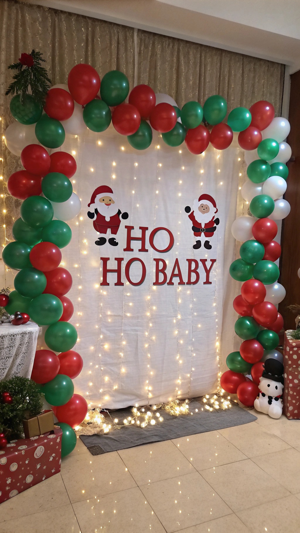 A festive backdrop with a 'Ho Ho Baby' banner surrounded by colorful balloons and lights.