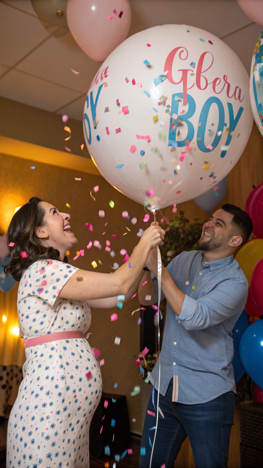A couple joyfully popping a large balloon filled with confetti to reveal their baby's gender.
