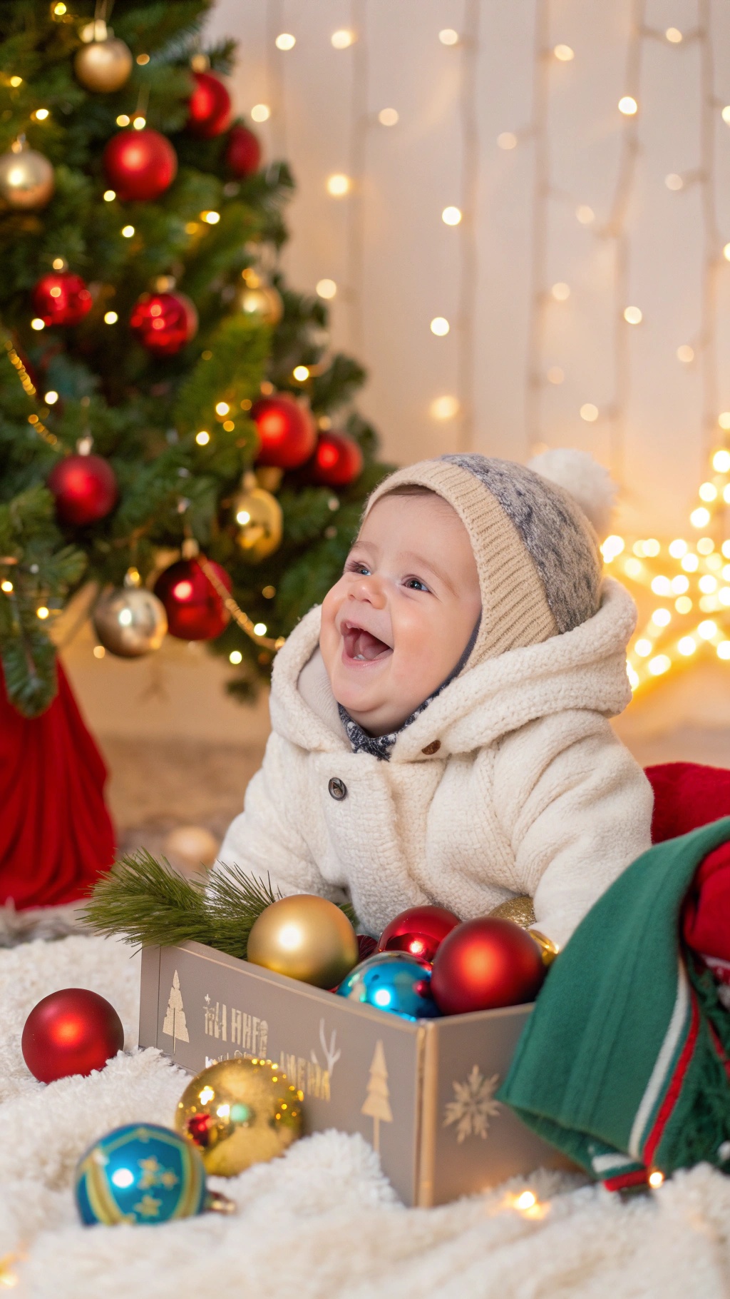 A joyful baby in a cozy outfit, surrounded by Christmas ornaments and a festive tree.