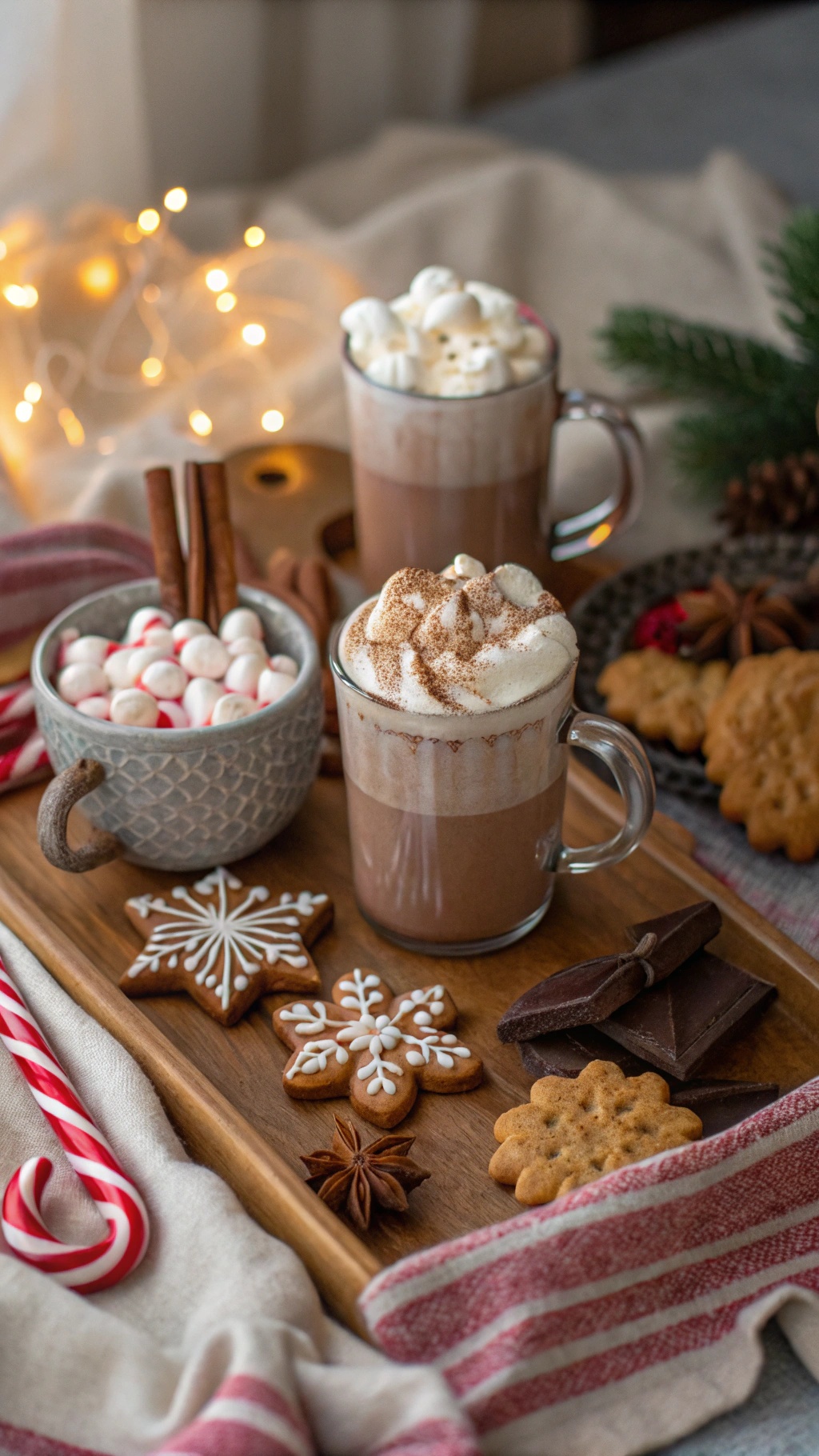 A beautifully arranged hot cocoa and treats bar with mugs of hot chocolate, marshmallows, cookies, and candy canes.