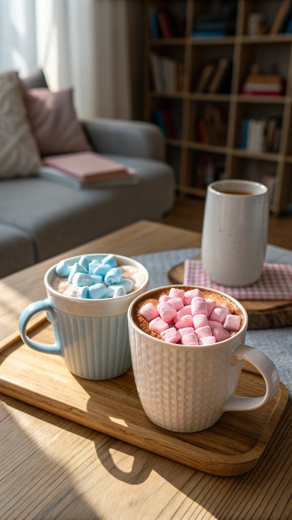 Two mugs of hot cocoa with pink and blue marshmallows on a wooden tray.