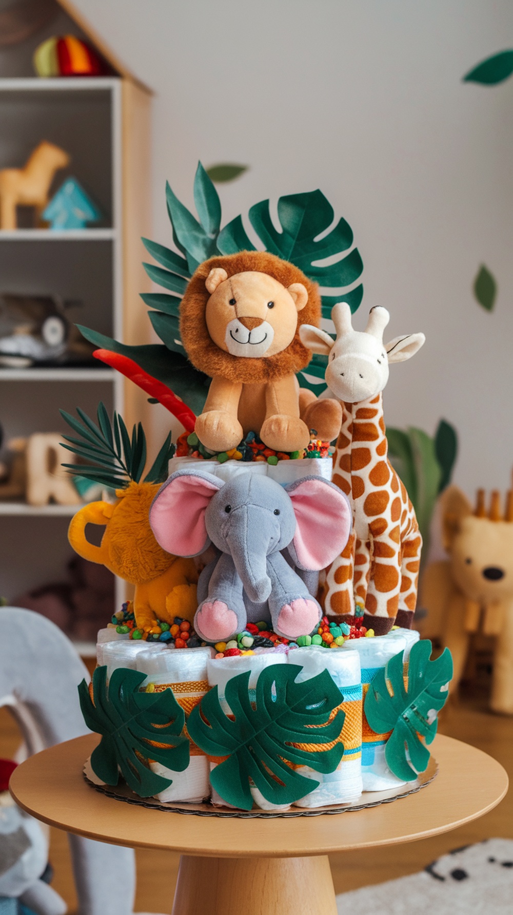 A colorful jungle-themed diaper cake featuring plush animals and decorative leaves.