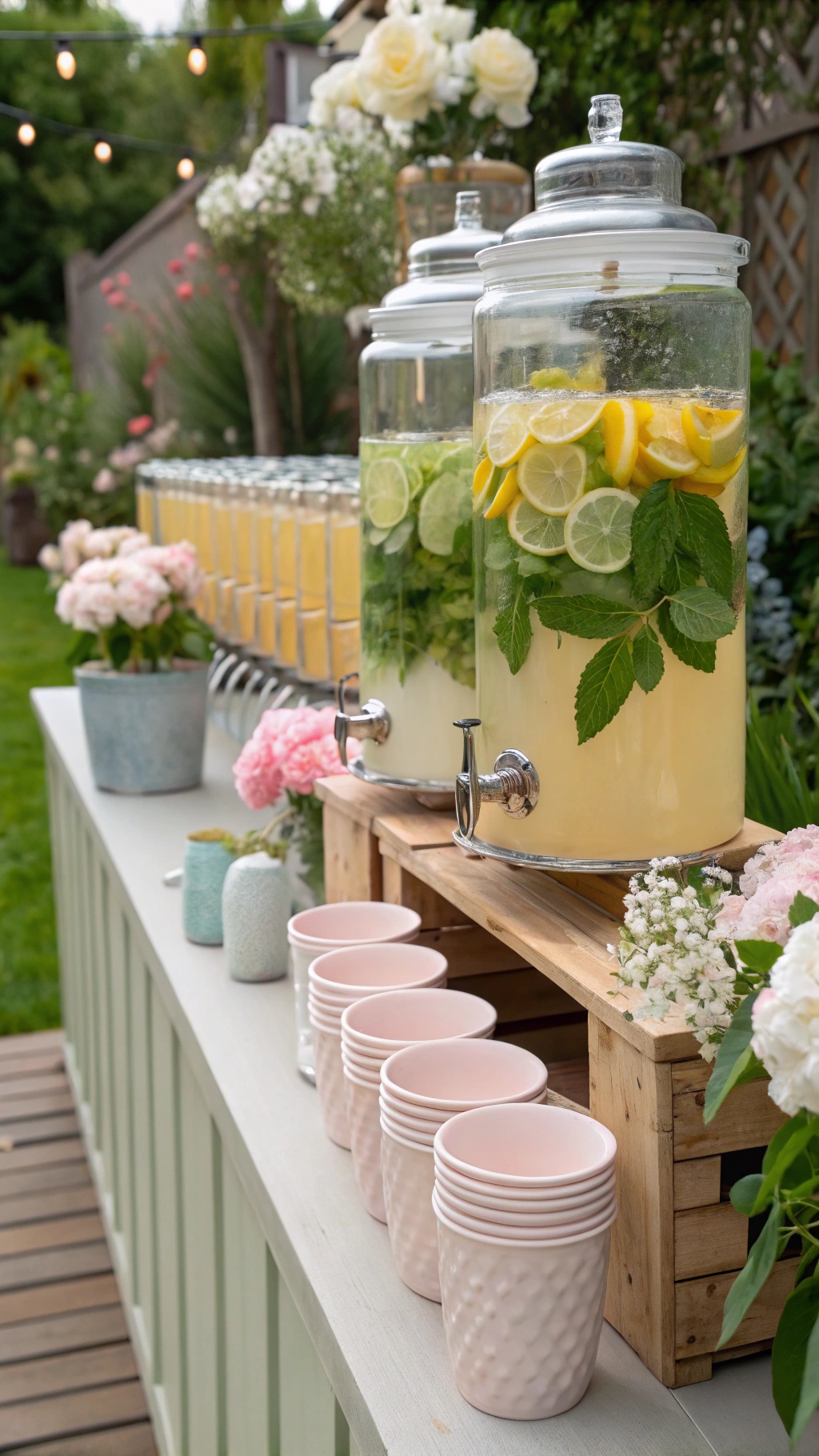 A lemonade and iced tea station with jars of drinks, fresh lemons, and pink cups.
