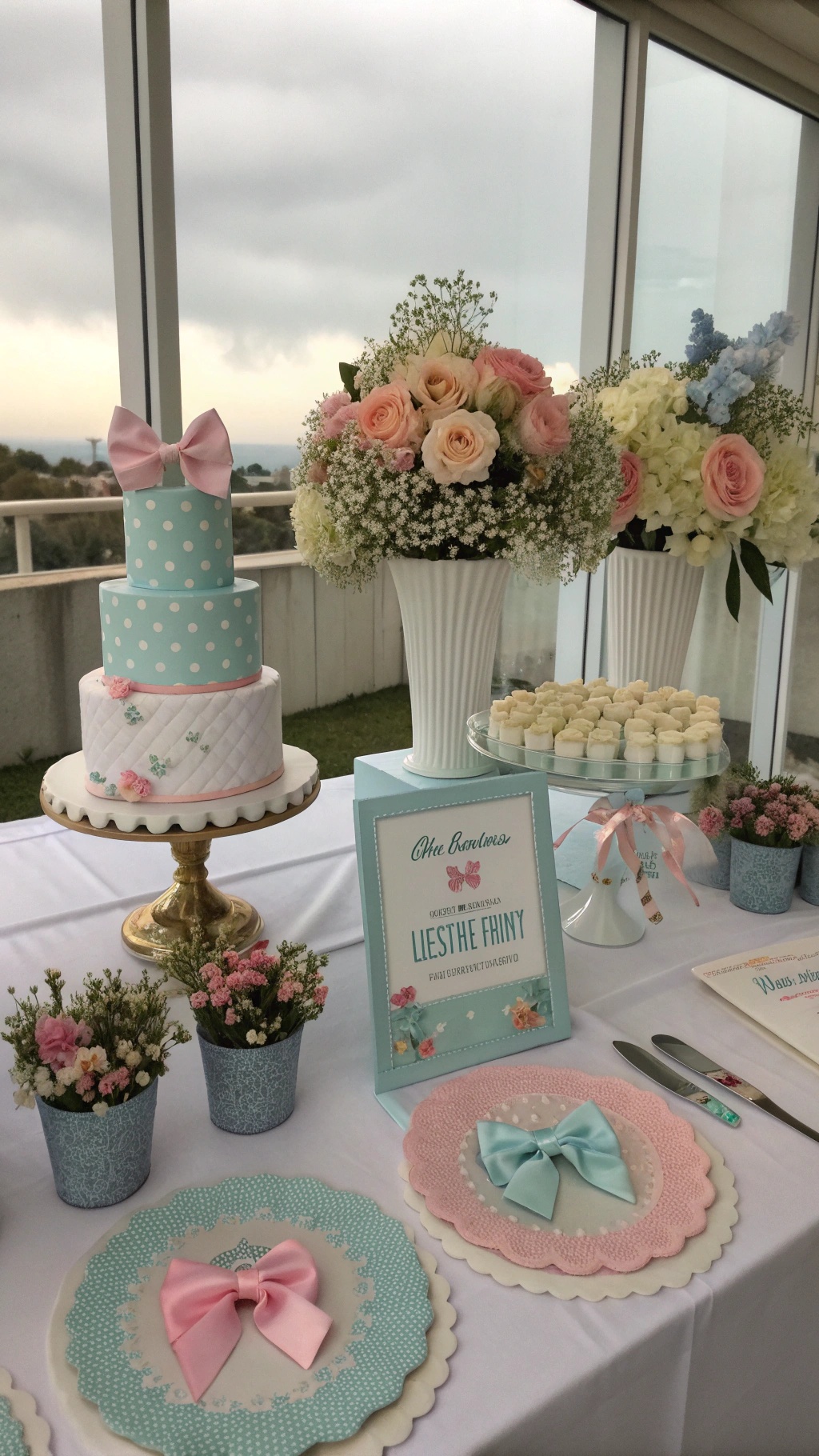 Decorations featuring bow ties and pastel colors for a baby shower.