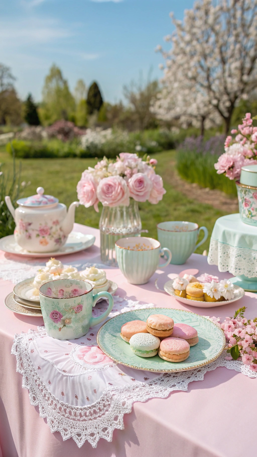 A beautifully arranged tea party table with pastel colors, flowers, and sweet treats.