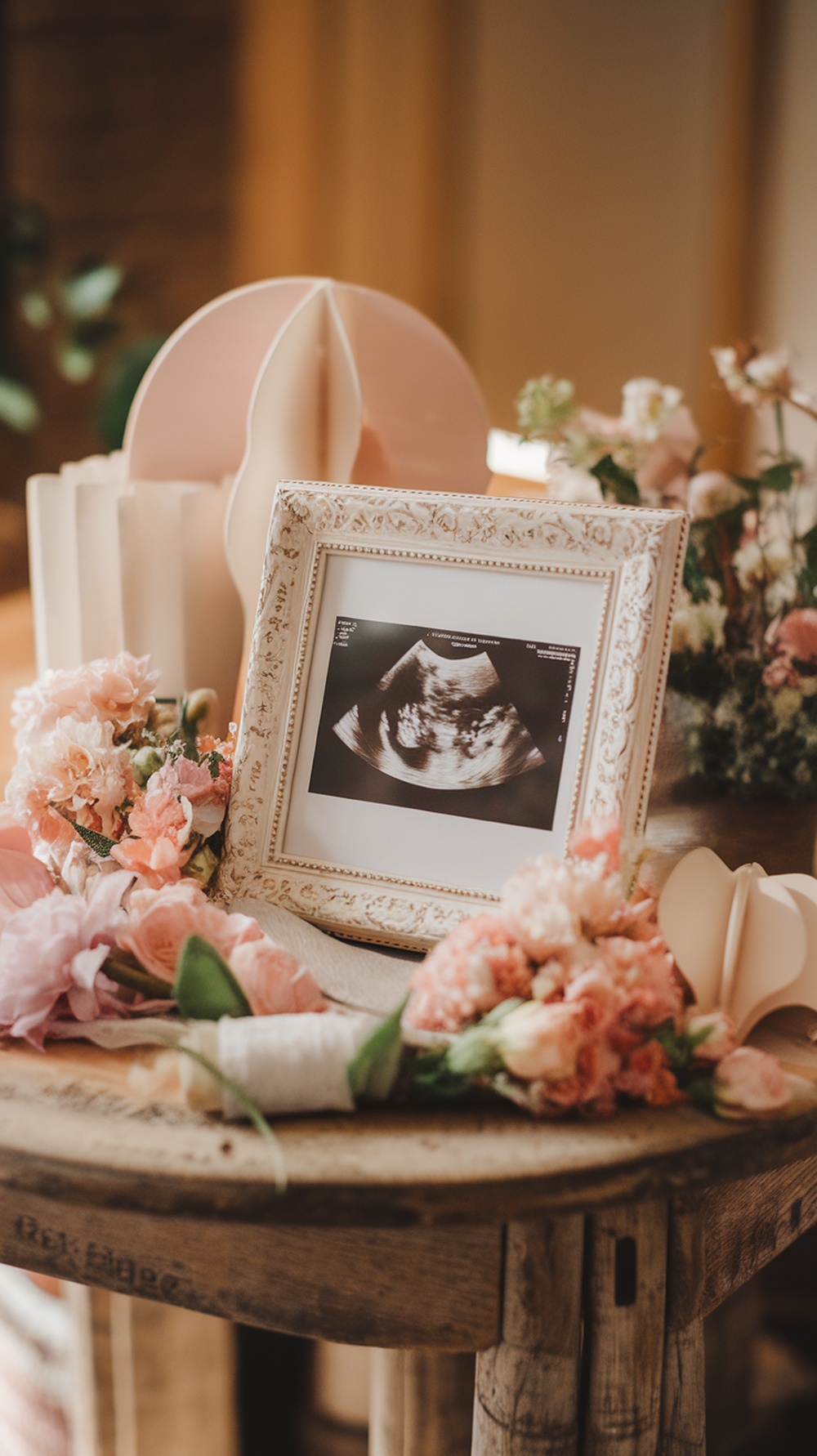 A framed ultrasound photo surrounded by flowers on a wooden table.