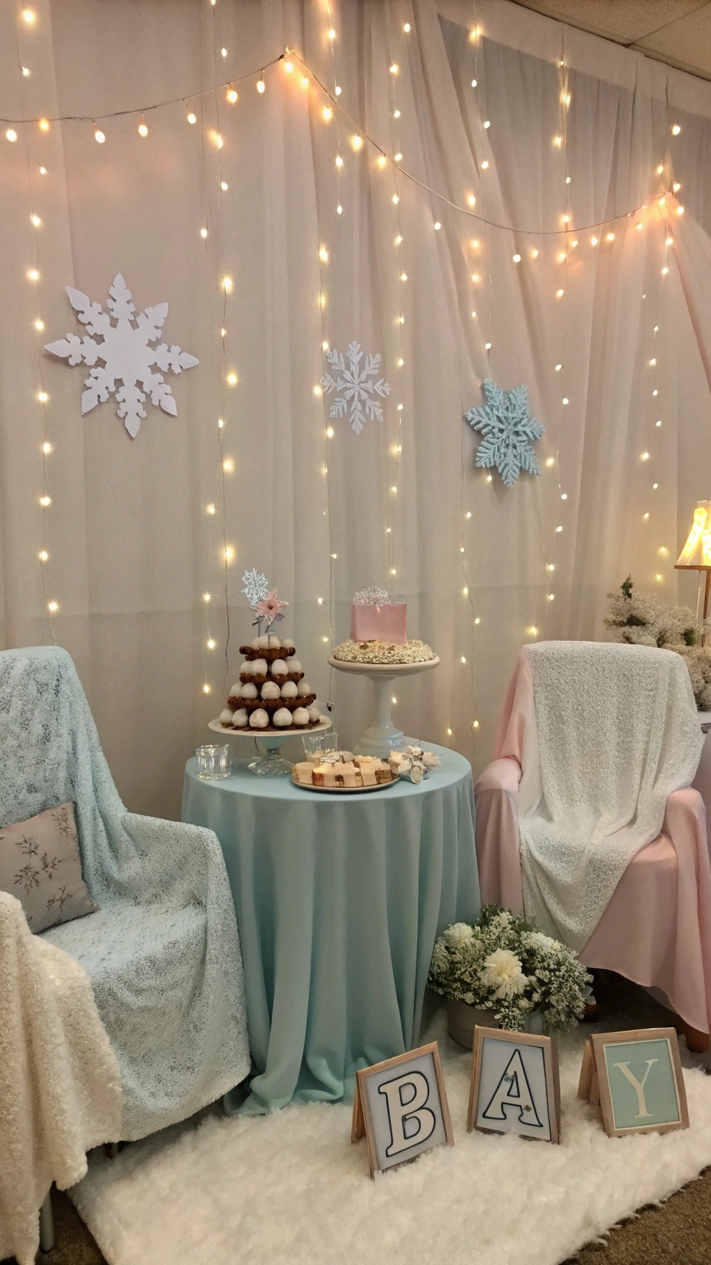 A cozy winter baby shower setup with soft blankets, fairy lights, and snowflake decorations.