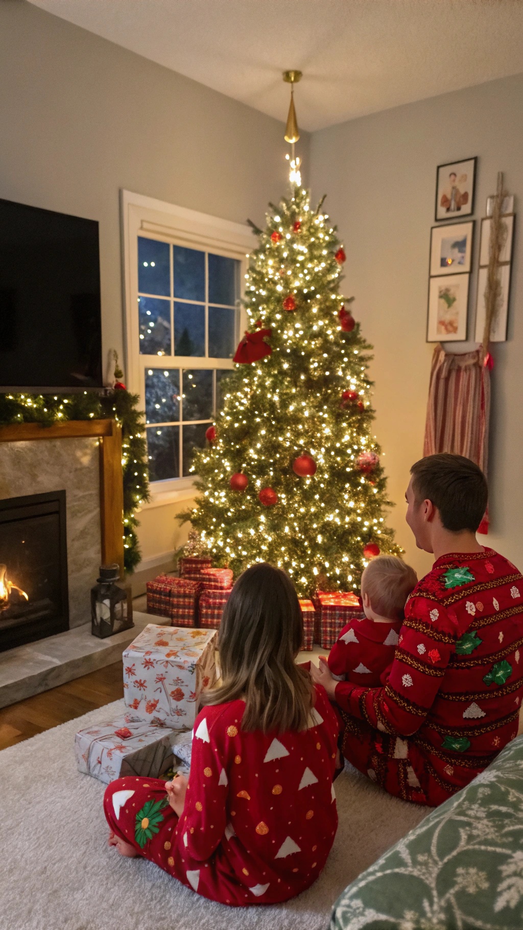 Family in matching Christmas pajamas sitting by a decorated tree with presents