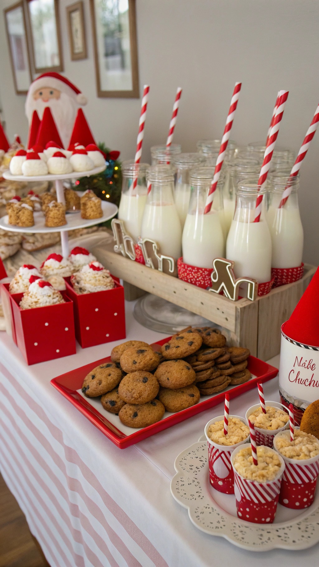 A festive dessert bar featuring milk in glass bottles, cookies, and treats for a Santa Baby baby shower.