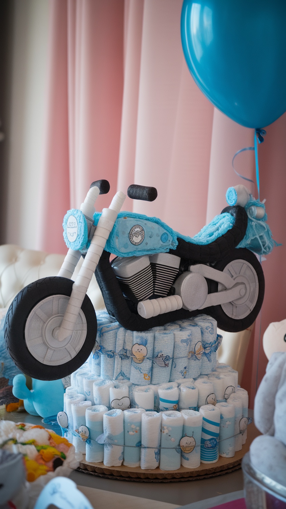 A motorcycle-shaped diaper cake made of rolled diapers and decorated in blue.