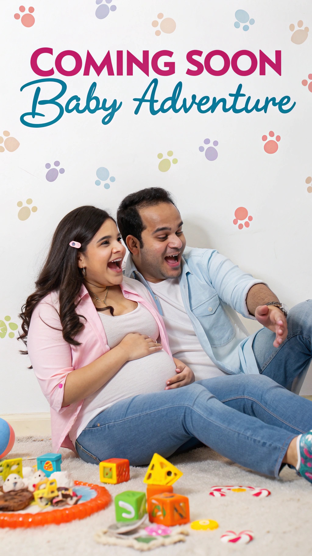 A couple happily announcing their upcoming baby with a movie poster theme.