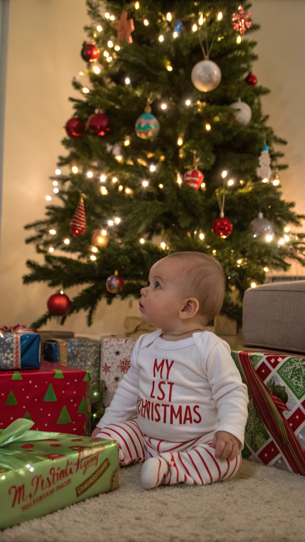 A baby in a 'My 1st Christmas' onesie sitting in front of a Christmas tree with presents.