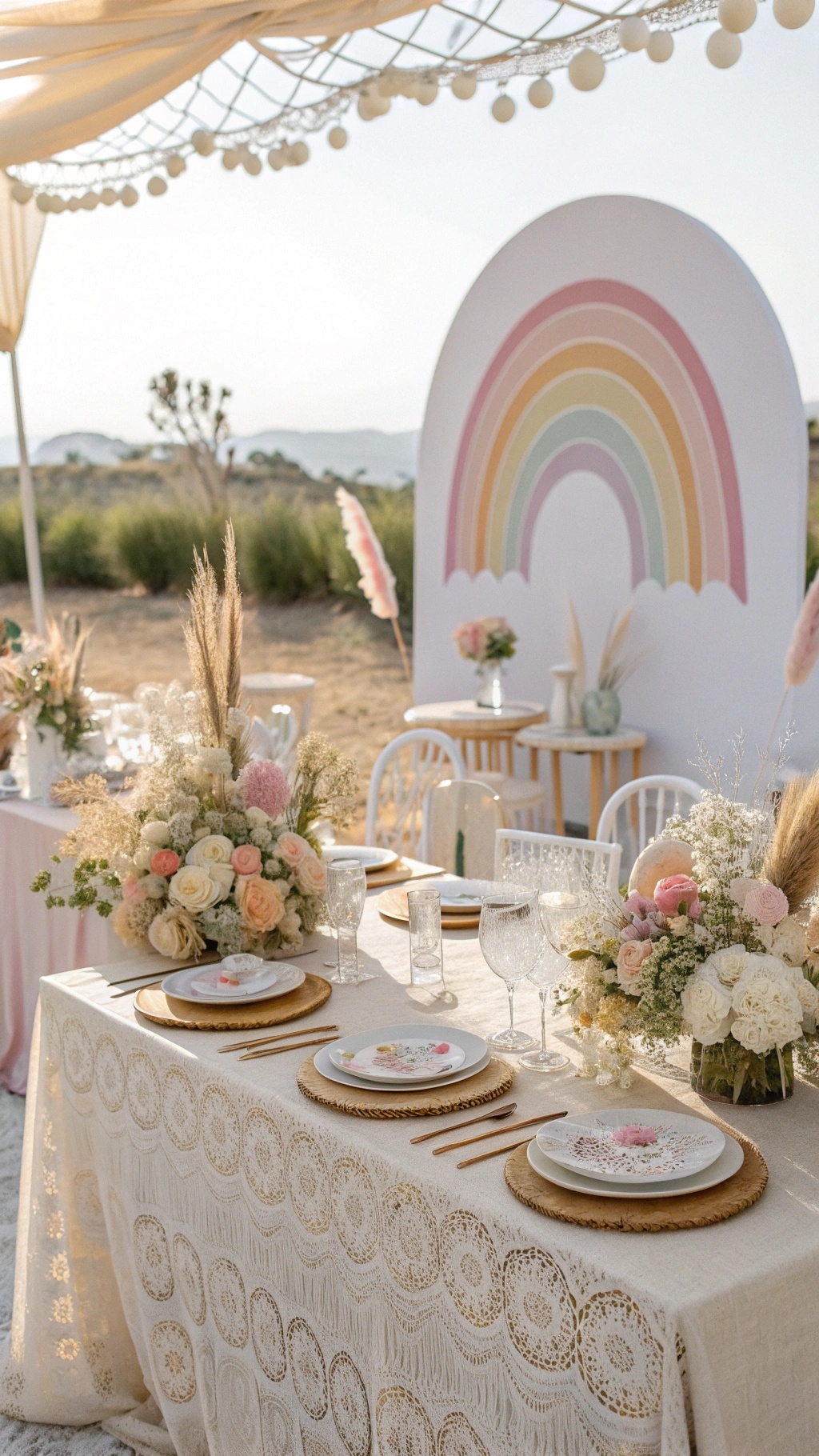 A beautifully decorated table for a spring baby shower featuring neutral rainbow decorations.