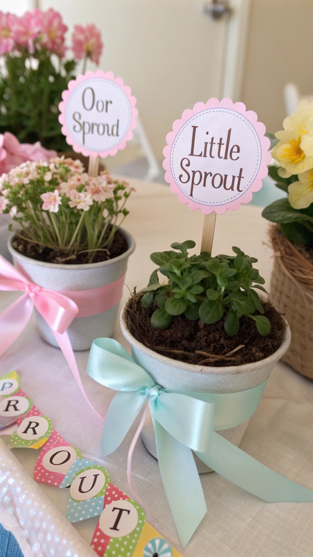 Potted plants with tags reading 'Our Sprout' and 'Little Sprout' decorated with ribbons.