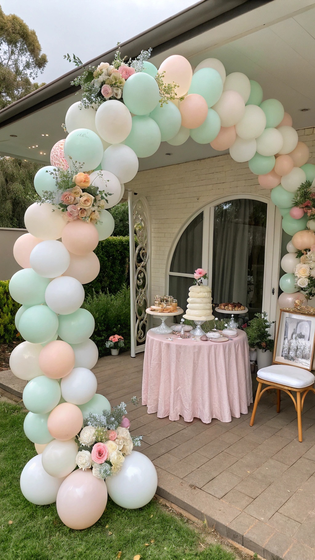 A beautiful pastel balloon arch with flowers, set up for a spring baby shower.