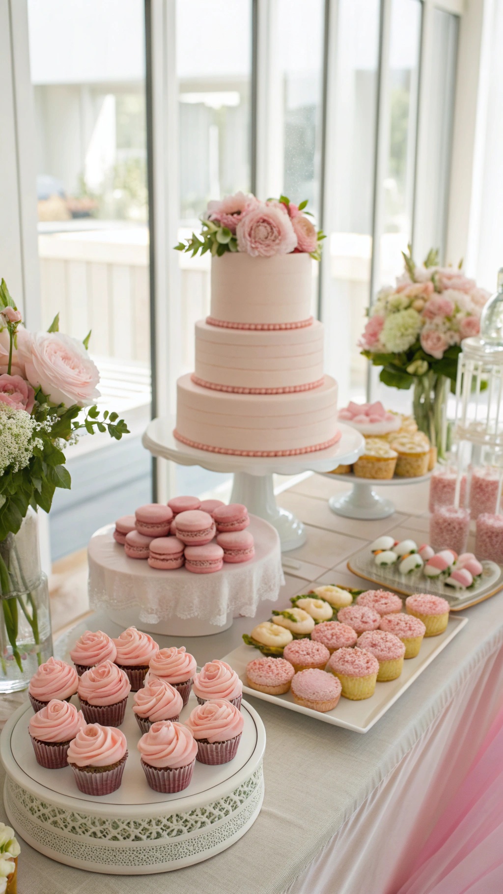 A beautifully arranged pastel pink dessert table featuring a three-tier cake, cupcakes, macarons, and fresh flowers.